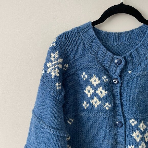 Handmade Cardigan Knit Sweater Button Front Snowflake Print Casual Blue Medium - Picture 4 of 6